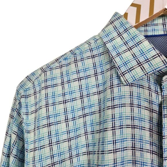 BUGATCHI Shirt Mens Medium Blue Plaid Long Sleeve Flip Cuff Preppy Button Up - Picture 4 of 9